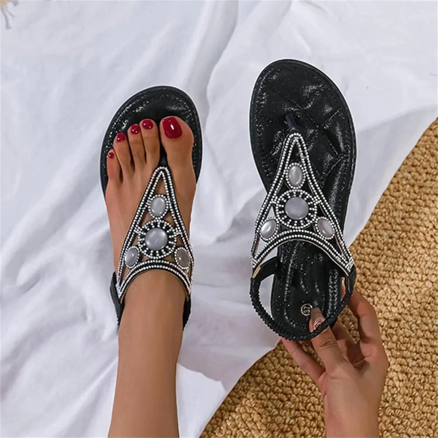 Women's Crystal Gladiator Sandals - Hollow Flat Summer Beach Casual Narrow Band
