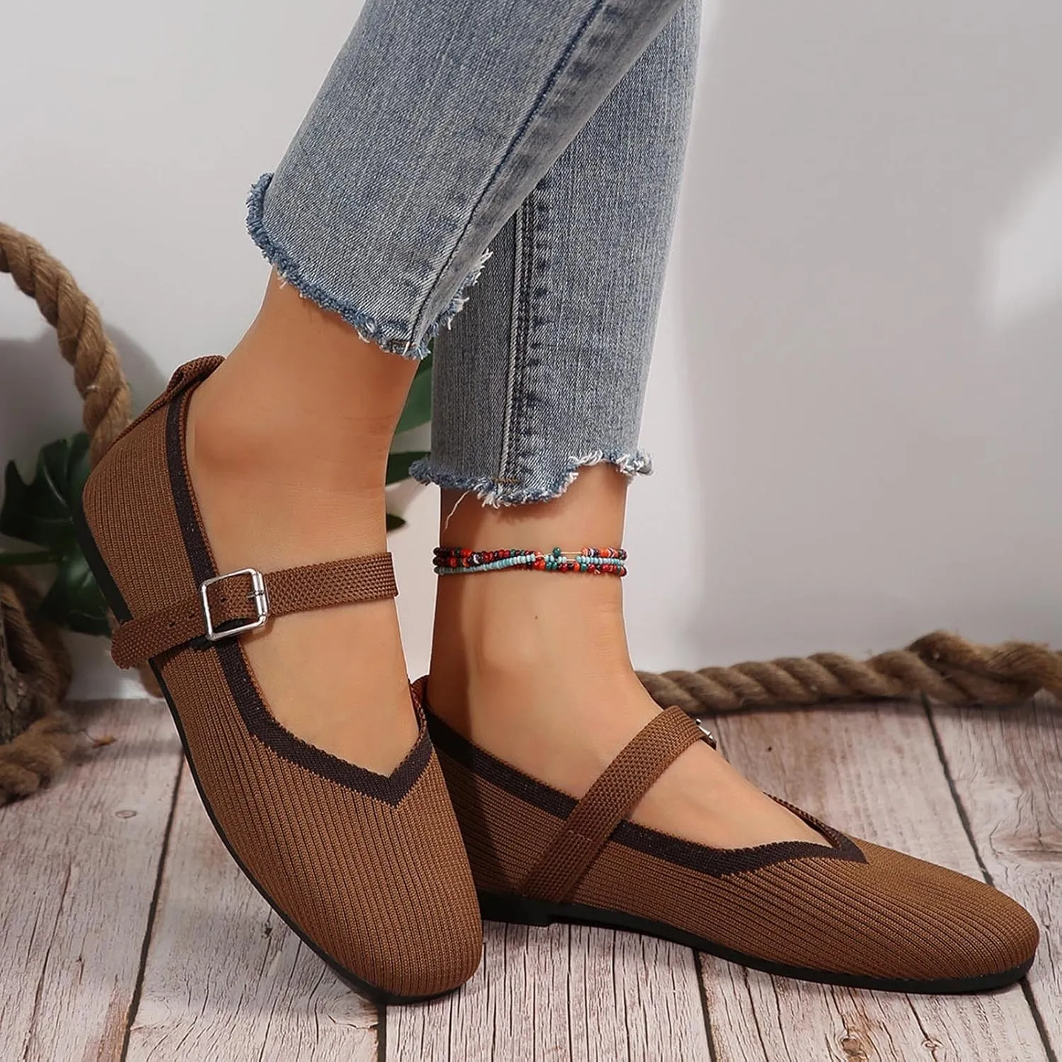 Women's Flat Shoes Flying Weave Round Toe Shallow Mouth Retro Colorblocking One Foot Stirrup Casual Work Single Shoes
