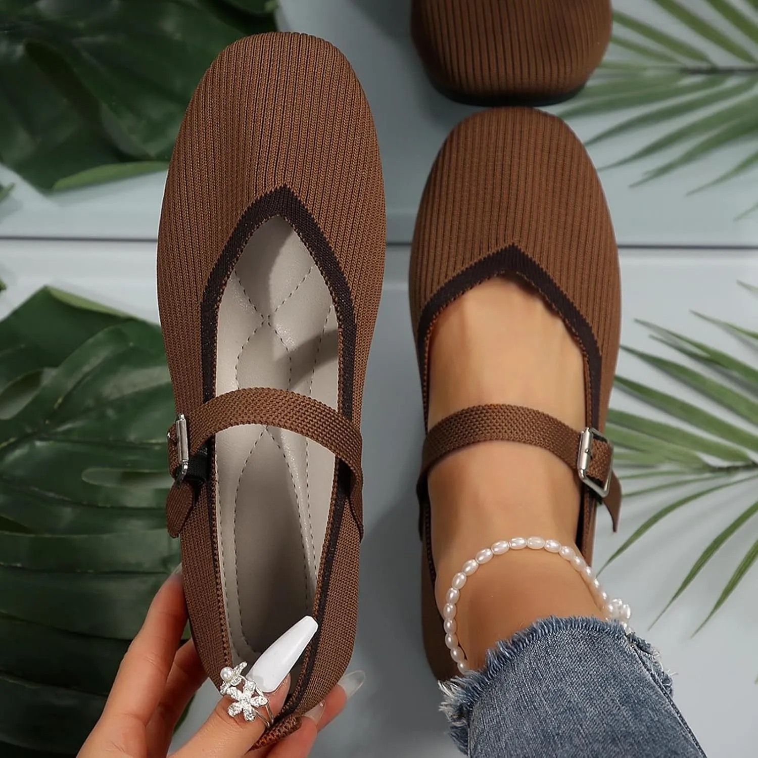 Women's Flat Shoes Flying Weave Round Toe Shallow Mouth Retro Colorblocking One Foot Stirrup Casual Work Single Shoes