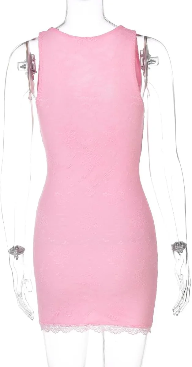Women's Floral Bodycon Dress Lace Trim Deep V-Neck Slit Short Dress Summer Cute Fancy Mini Dress