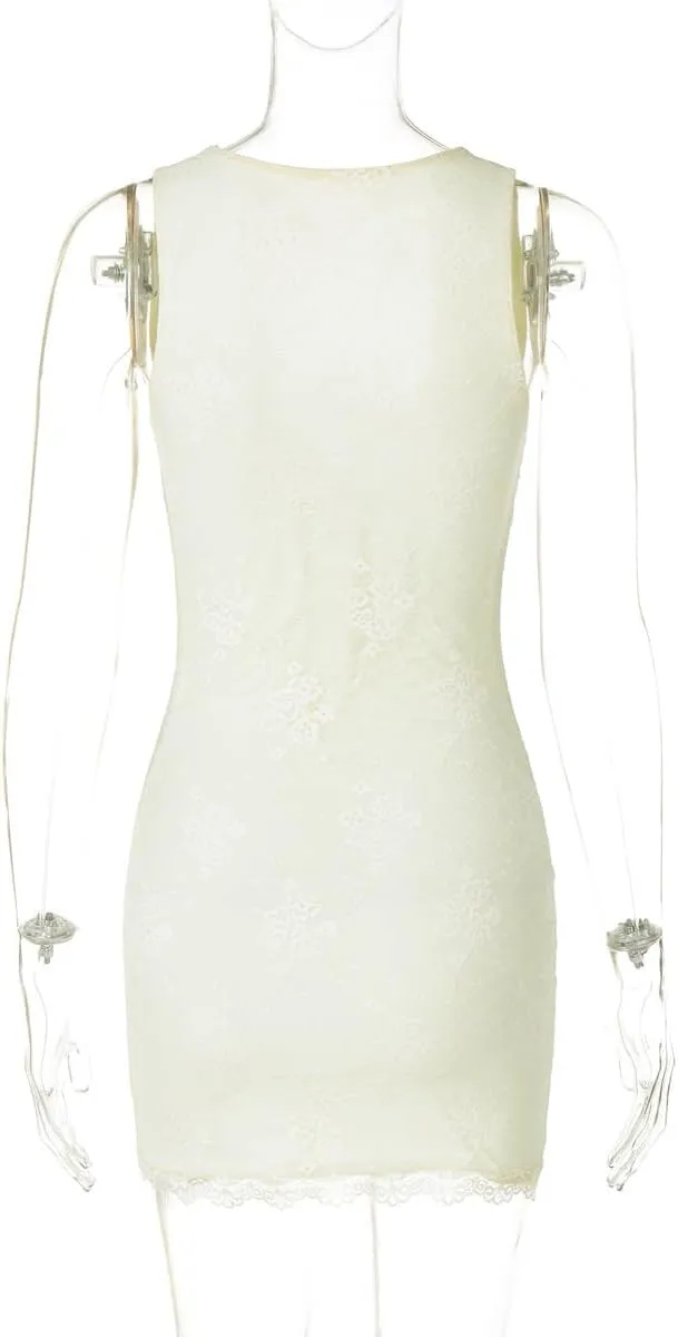 Women's Floral Bodycon Dress Lace Trim Deep V-Neck Slit Short Dress Summer Cute Fancy Mini Dress