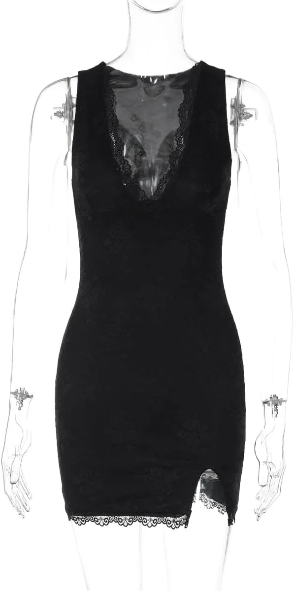 Women's Floral Bodycon Dress Lace Trim Deep V-Neck Slit Short Dress Summer Cute Fancy Mini Dress