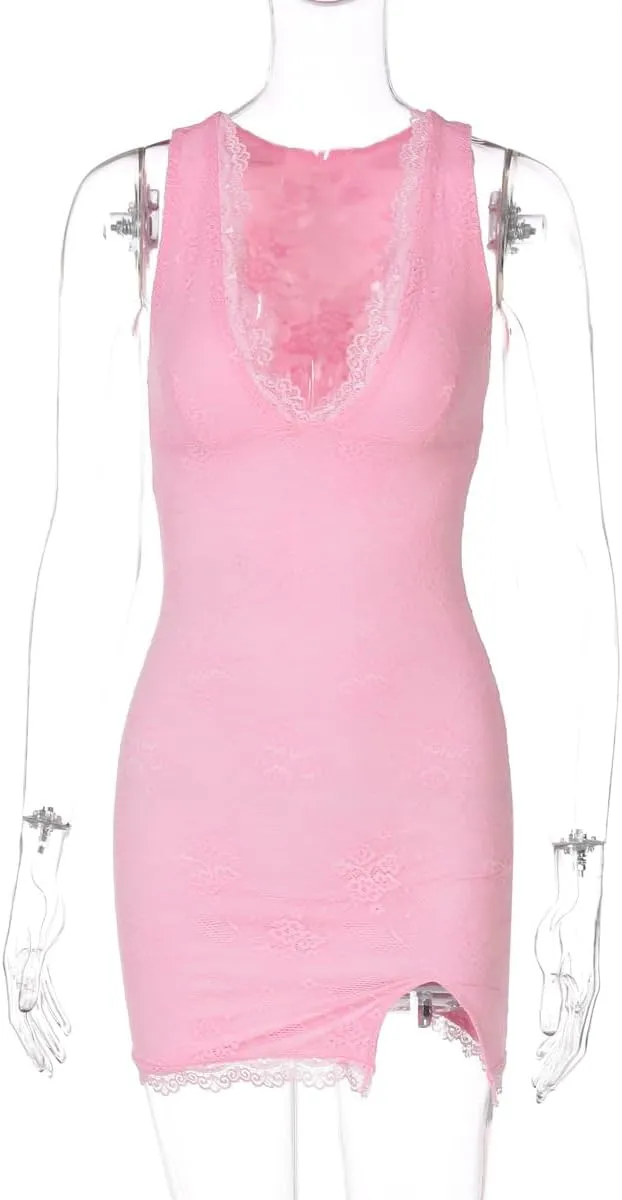Women's Floral Bodycon Dress Lace Trim Deep V-Neck Slit Short Dress Summer Cute Fancy Mini Dress