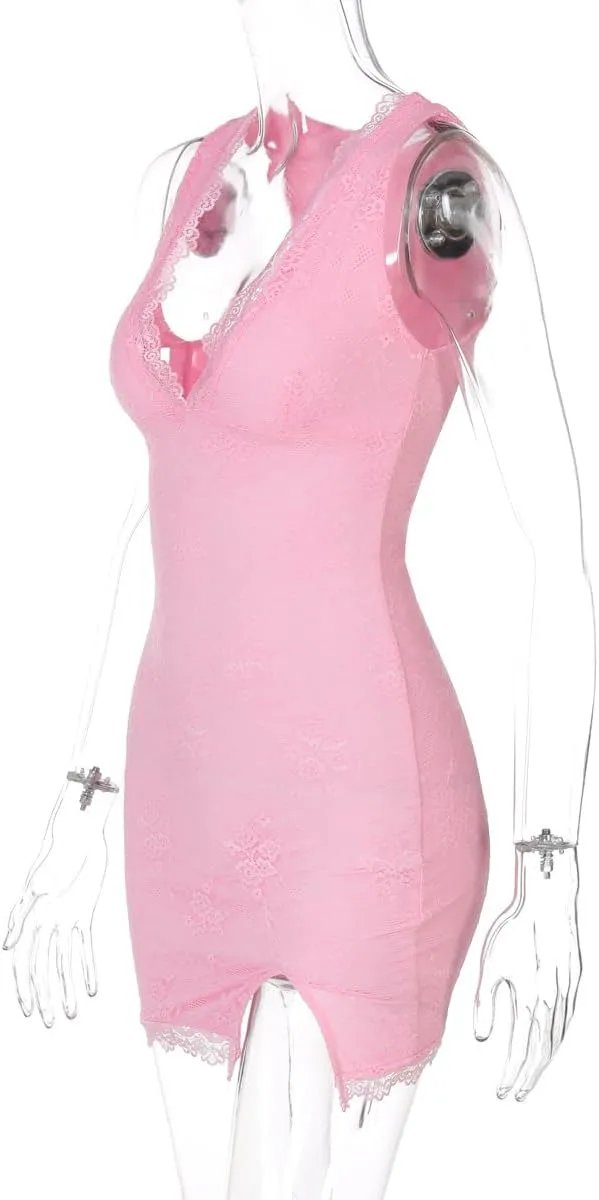 Women's Floral Bodycon Dress Lace Trim Deep V-Neck Slit Short Dress Summer Cute Fancy Mini Dress
