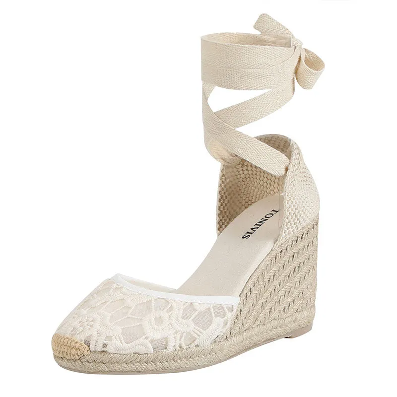 Women's floral lace closed toe espadrille wedge heel ankle tie-up sandals