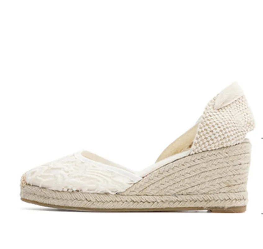 Women's floral lace closed toe espadrille wedge heel ankle tie-up sandals