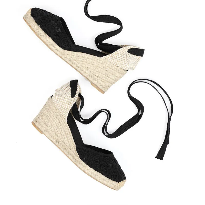 Women's floral lace closed toe espadrille wedge heel ankle tie-up sandals
