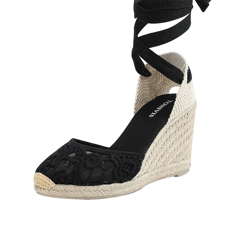 Women's floral lace closed toe espadrille wedge heel ankle tie-up sandals