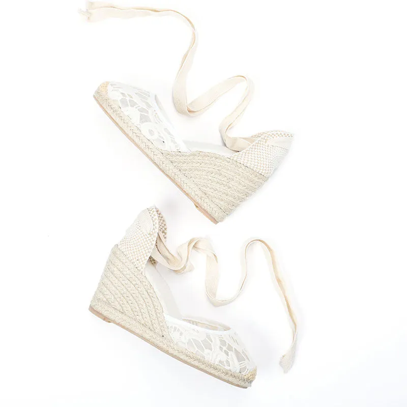 Women's floral lace closed toe espadrille wedge heel ankle tie-up sandals
