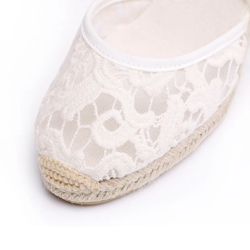 Women's floral lace closed toe espadrille wedge heel ankle tie-up sandals