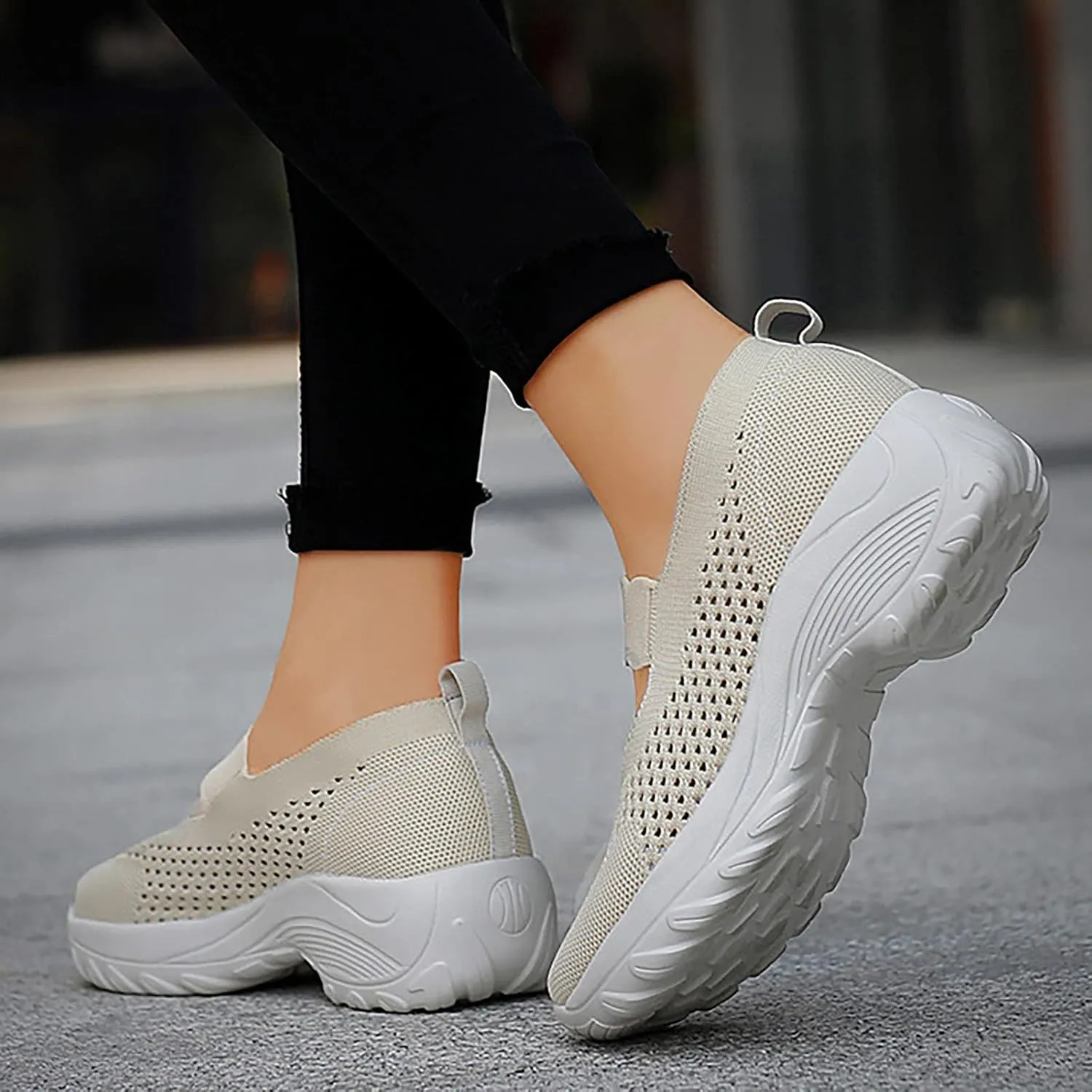 Women's Knitting Platform Orthopedic Walking Shoes Comfortable Breathable Mesh Arch Support Running Shoes Ankle Strap Casual Sneakers