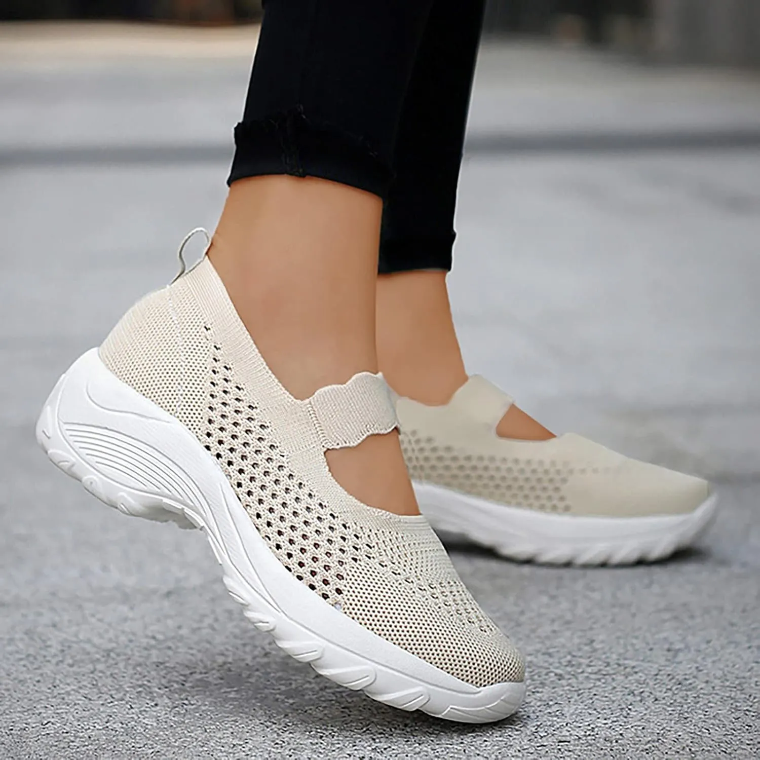 Women's Knitting Platform Orthopedic Walking Shoes Comfortable Breathable Mesh Arch Support Running Shoes Ankle Strap Casual Sneakers