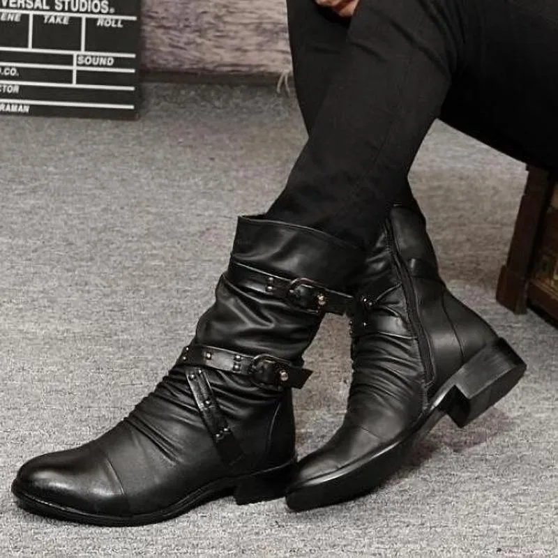 Women's mid calf motorcycle boots buckle strap slouch boots