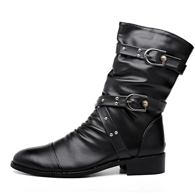 Women's mid calf motorcycle boots buckle strap slouch boots