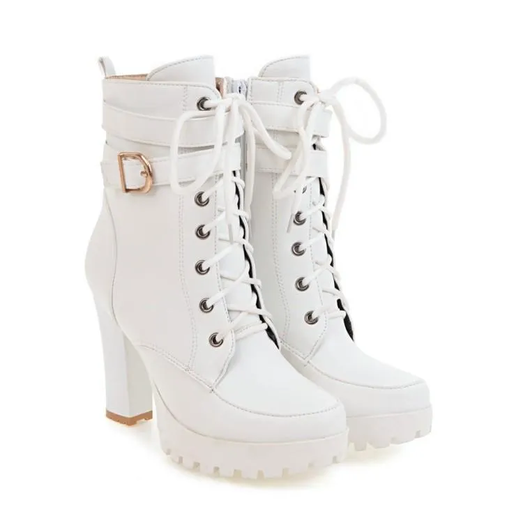 Women's platform heeled combat boots buckle strap short boots