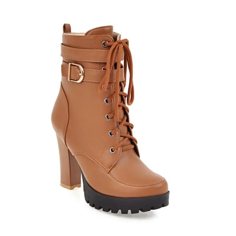 Women's platform heeled combat boots buckle strap short boots