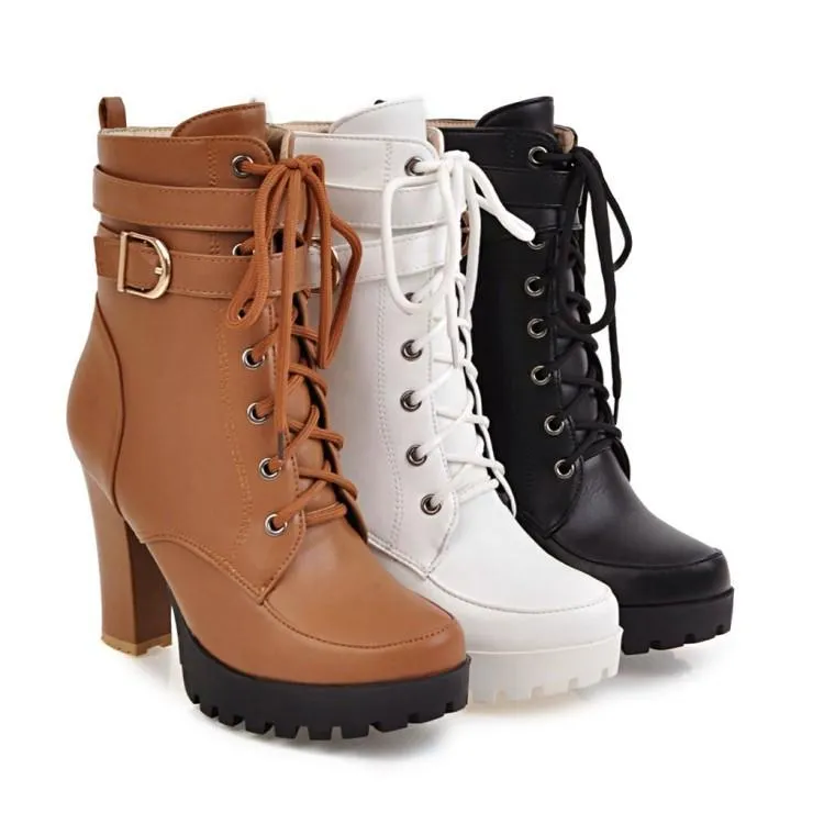 Women's platform heeled combat boots buckle strap short boots