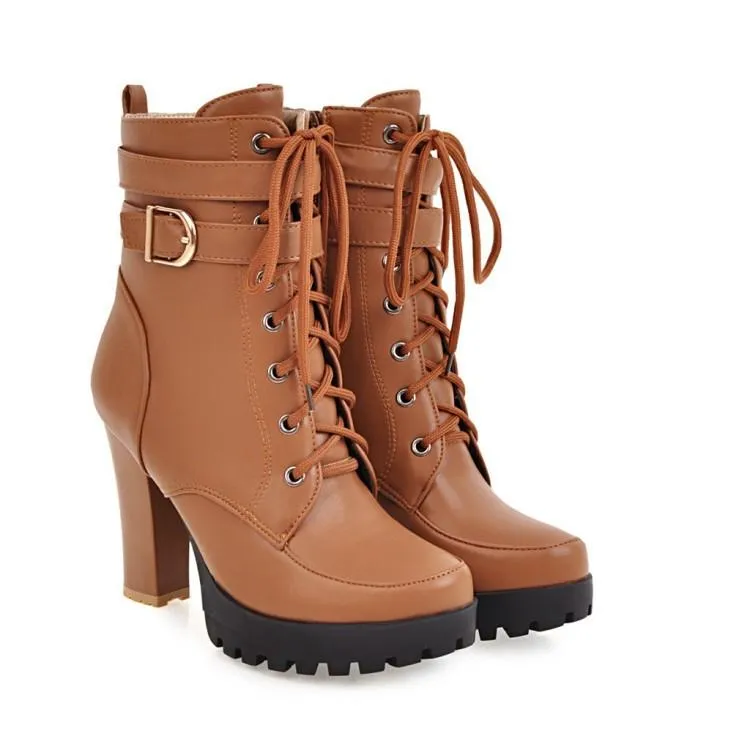 Women's platform heeled combat boots buckle strap short boots