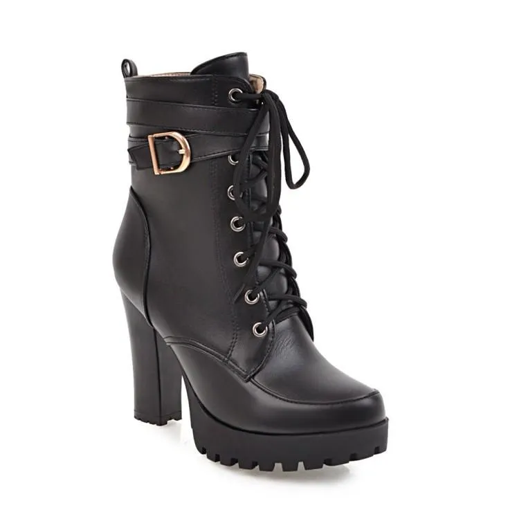 Women's platform heeled combat boots buckle strap short boots