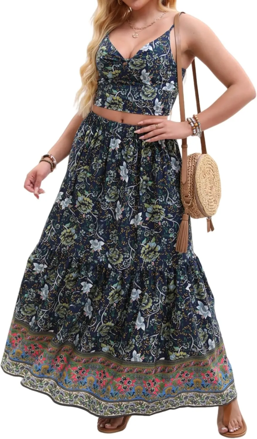 Women's Sexy 2 Piece Floral Outfit Summer Boho Dress Sleeveless Crop Top and Long Skirt Sets