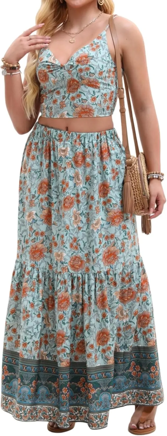 Women's Sexy 2 Piece Floral Outfit Summer Boho Dress Sleeveless Crop Top and Long Skirt Sets