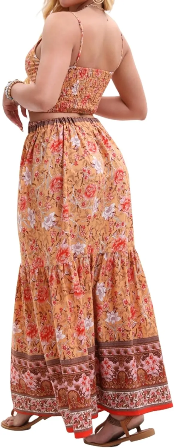 Women's Sexy 2 Piece Floral Outfit Summer Boho Dress Sleeveless Crop Top and Long Skirt Sets