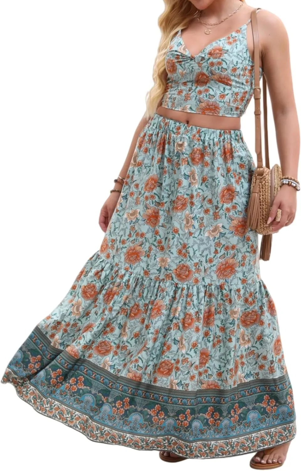 Women's Sexy 2 Piece Floral Outfit Summer Boho Dress Sleeveless Crop Top and Long Skirt Sets