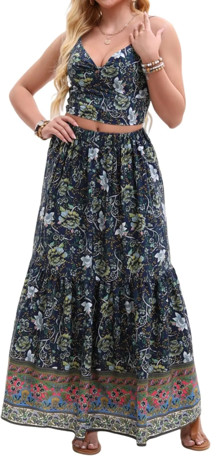 Women's Sexy 2 Piece Floral Outfit Summer Boho Dress Sleeveless Crop Top and Long Skirt Sets