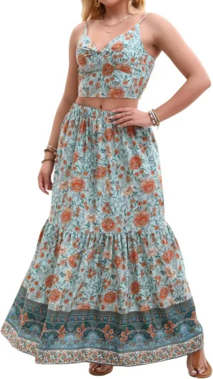 Women's Sexy 2 Piece Floral Outfit Summer Boho Dress Sleeveless Crop Top and Long Skirt Sets