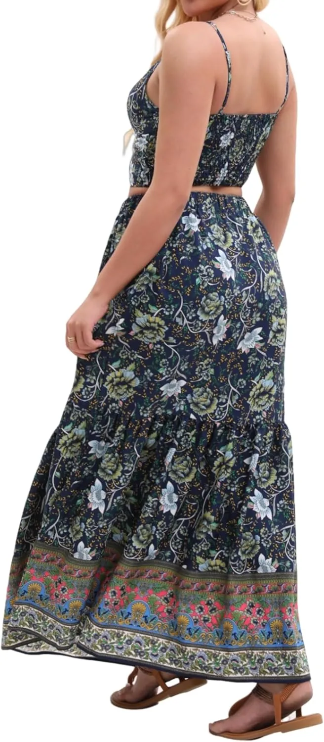 Women's Sexy 2 Piece Floral Outfit Summer Boho Dress Sleeveless Crop Top and Long Skirt Sets