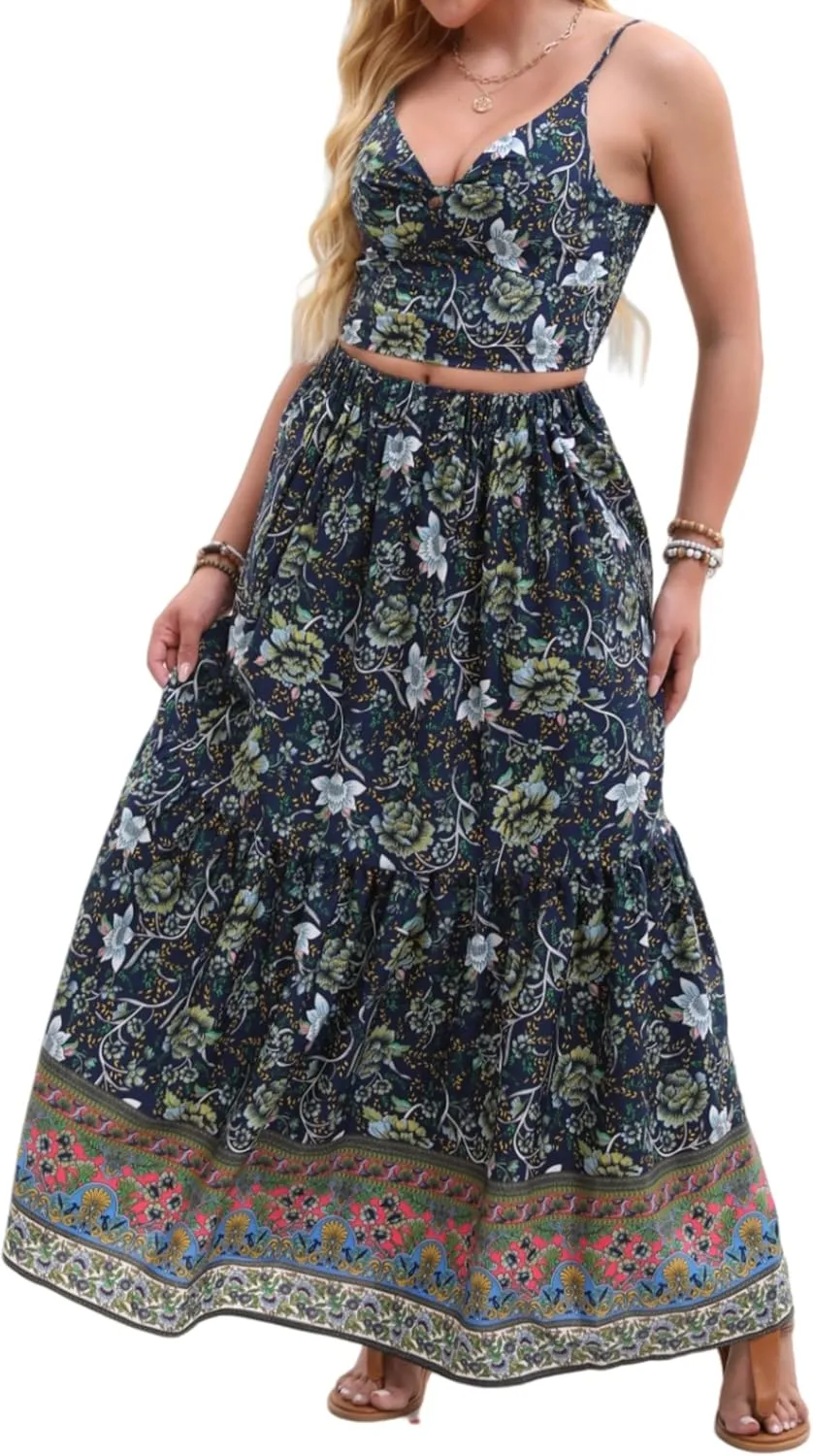 Women's Sexy 2 Piece Floral Outfit Summer Boho Dress Sleeveless Crop Top and Long Skirt Sets