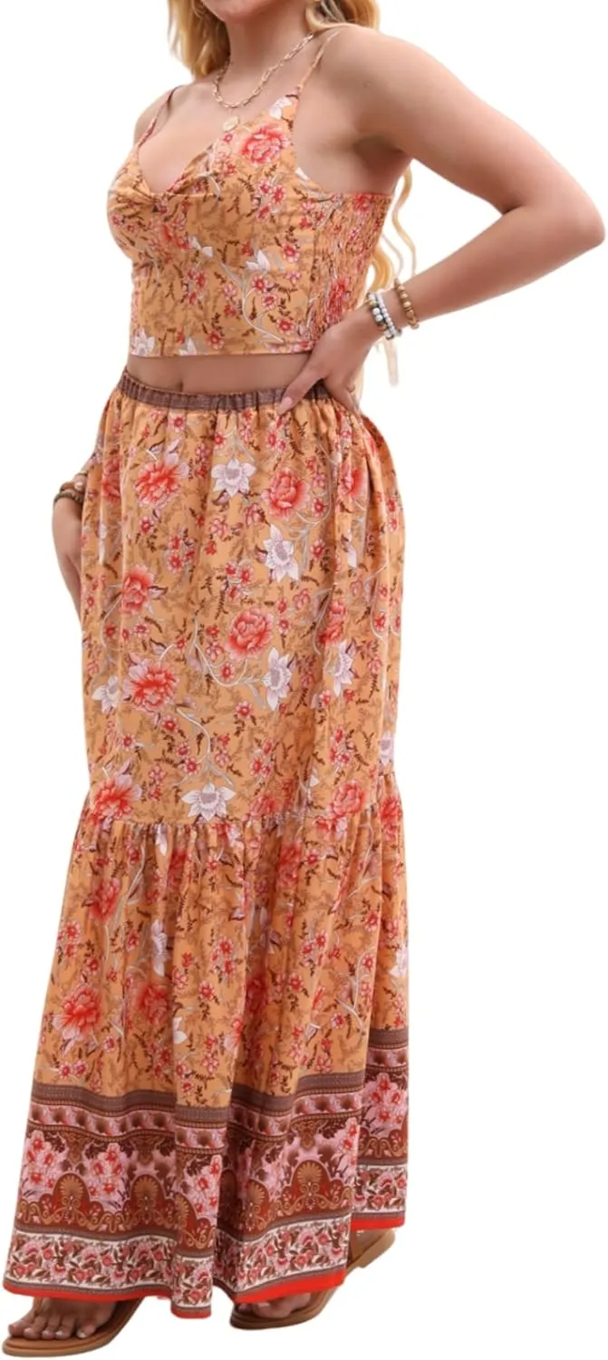 Women's Sexy 2 Piece Floral Outfit Summer Boho Dress Sleeveless Crop Top and Long Skirt Sets