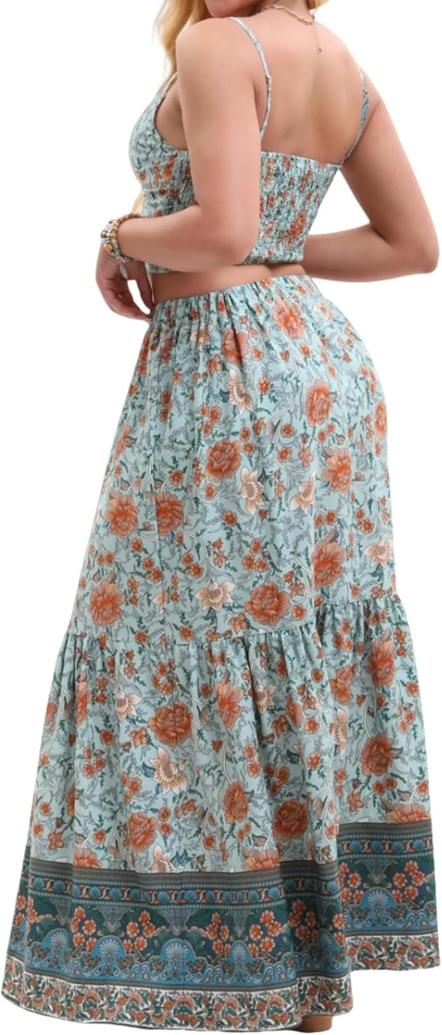 Women's Sexy 2 Piece Floral Outfit Summer Boho Dress Sleeveless Crop Top and Long Skirt Sets