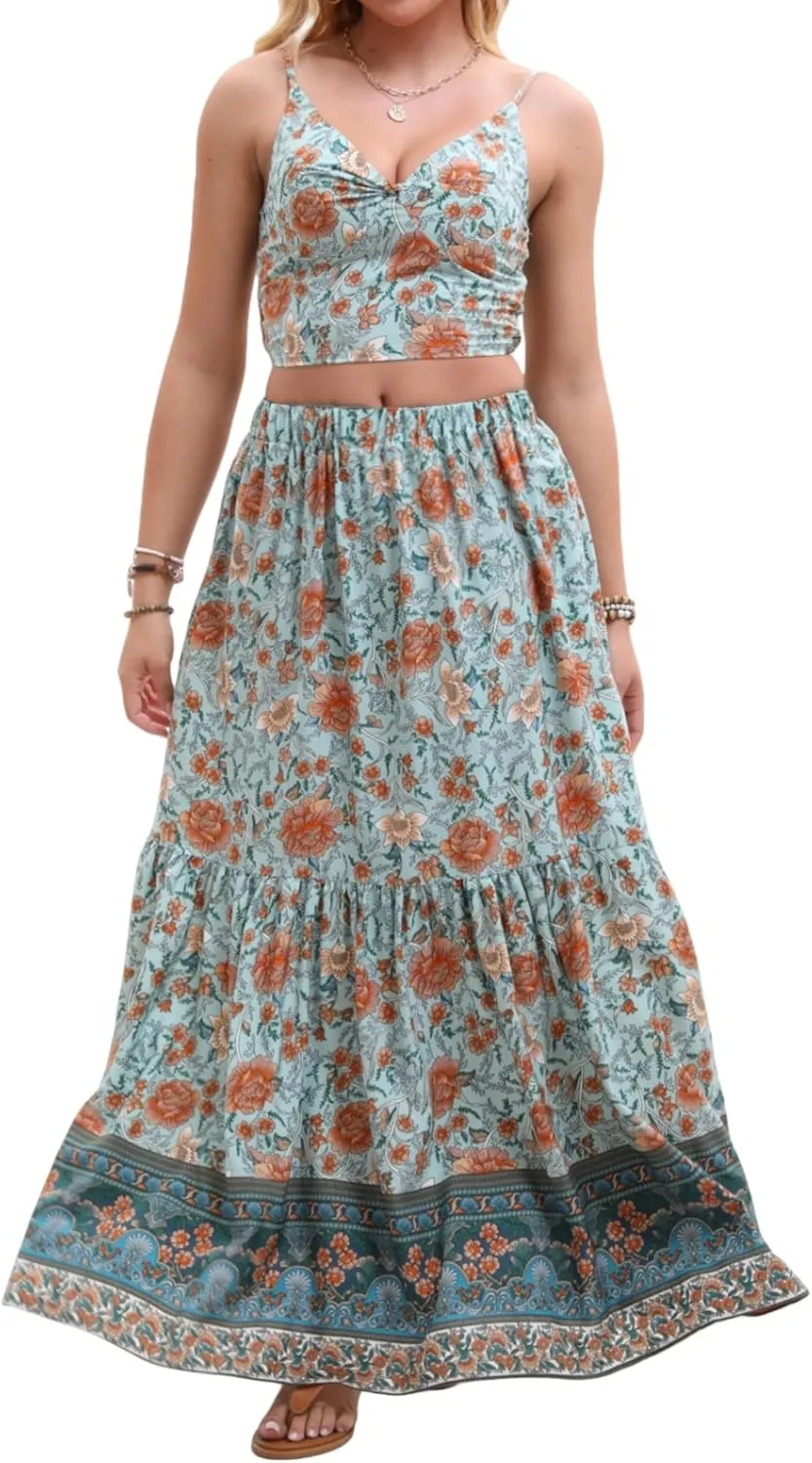 Women's Sexy 2 Piece Floral Outfit Summer Boho Dress Sleeveless Crop Top and Long Skirt Sets