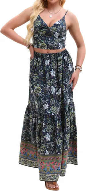 Women's Sexy 2 Piece Floral Outfit Summer Boho Dress Sleeveless Crop Top and Long Skirt Sets