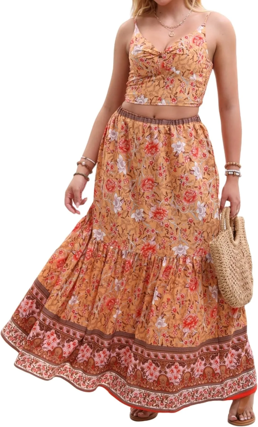 Women's Sexy 2 Piece Floral Outfit Summer Boho Dress Sleeveless Crop Top and Long Skirt Sets