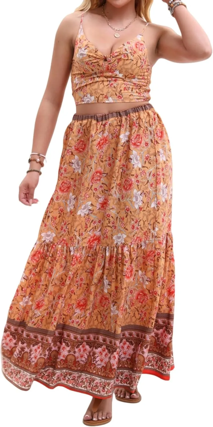 Women's Sexy 2 Piece Floral Outfit Summer Boho Dress Sleeveless Crop Top and Long Skirt Sets