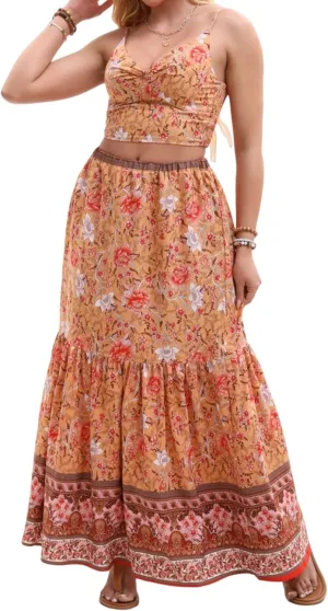 Women's Sexy 2 Piece Floral Outfit Summer Boho Dress Sleeveless Crop Top and Long Skirt Sets