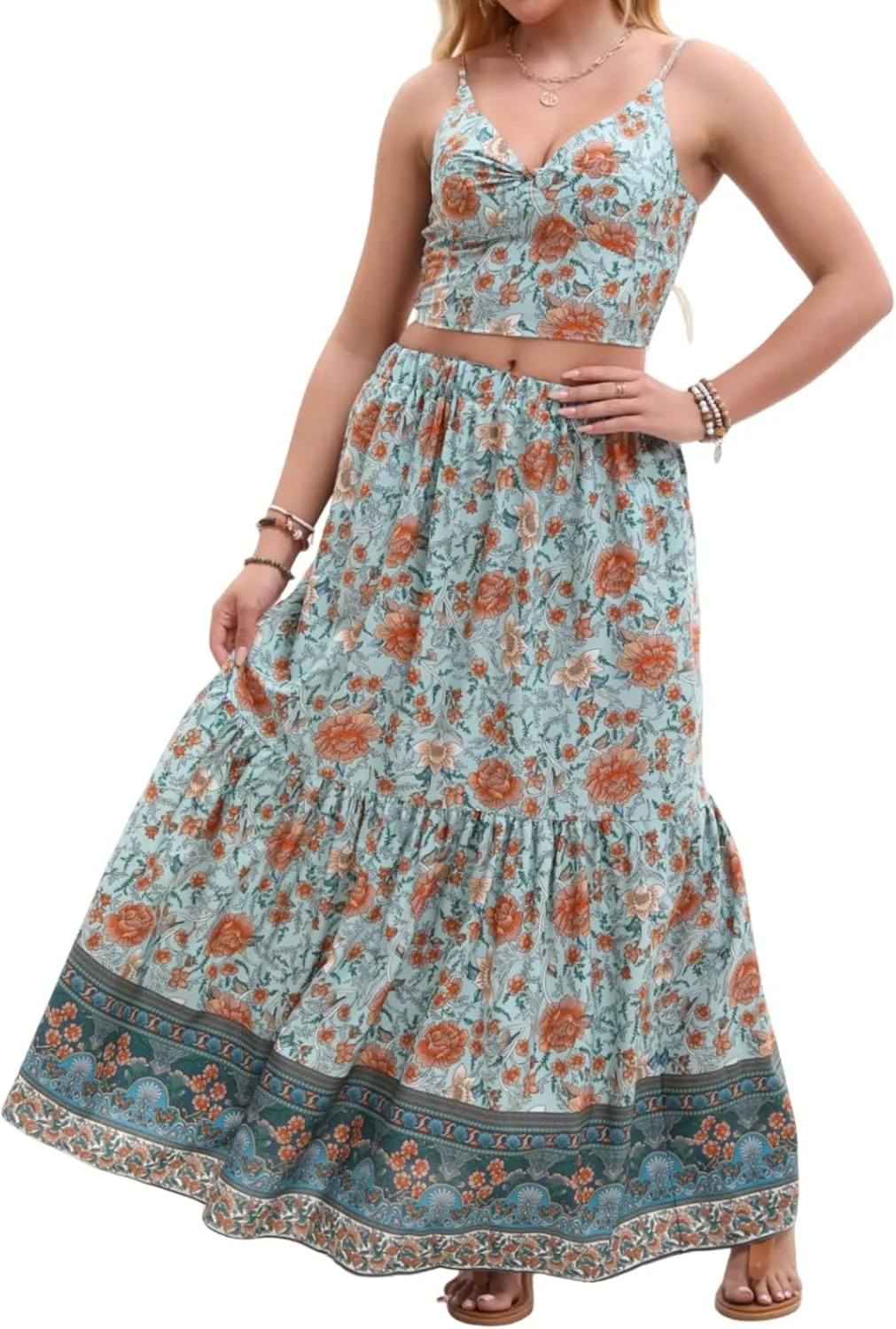 Women's Sexy 2 Piece Floral Outfit Summer Boho Dress Sleeveless Crop Top and Long Skirt Sets