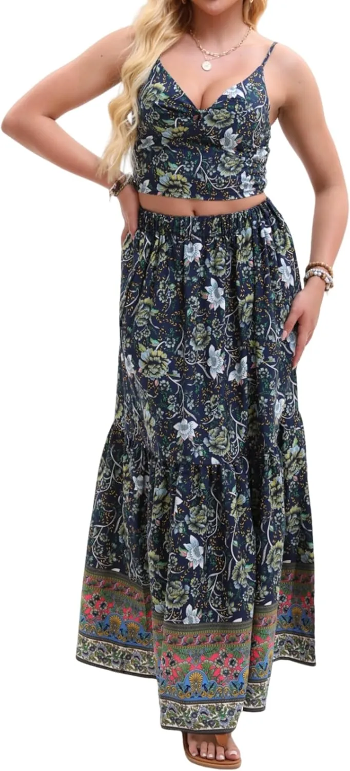 Women's Sexy 2 Piece Floral Outfit Summer Boho Dress Sleeveless Crop Top and Long Skirt Sets