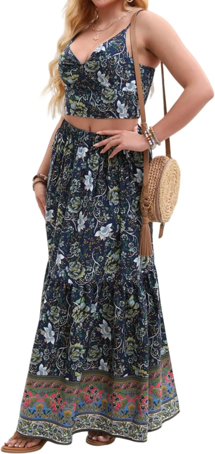 Women's Sexy 2 Piece Floral Outfit Summer Boho Dress Sleeveless Crop Top and Long Skirt Sets