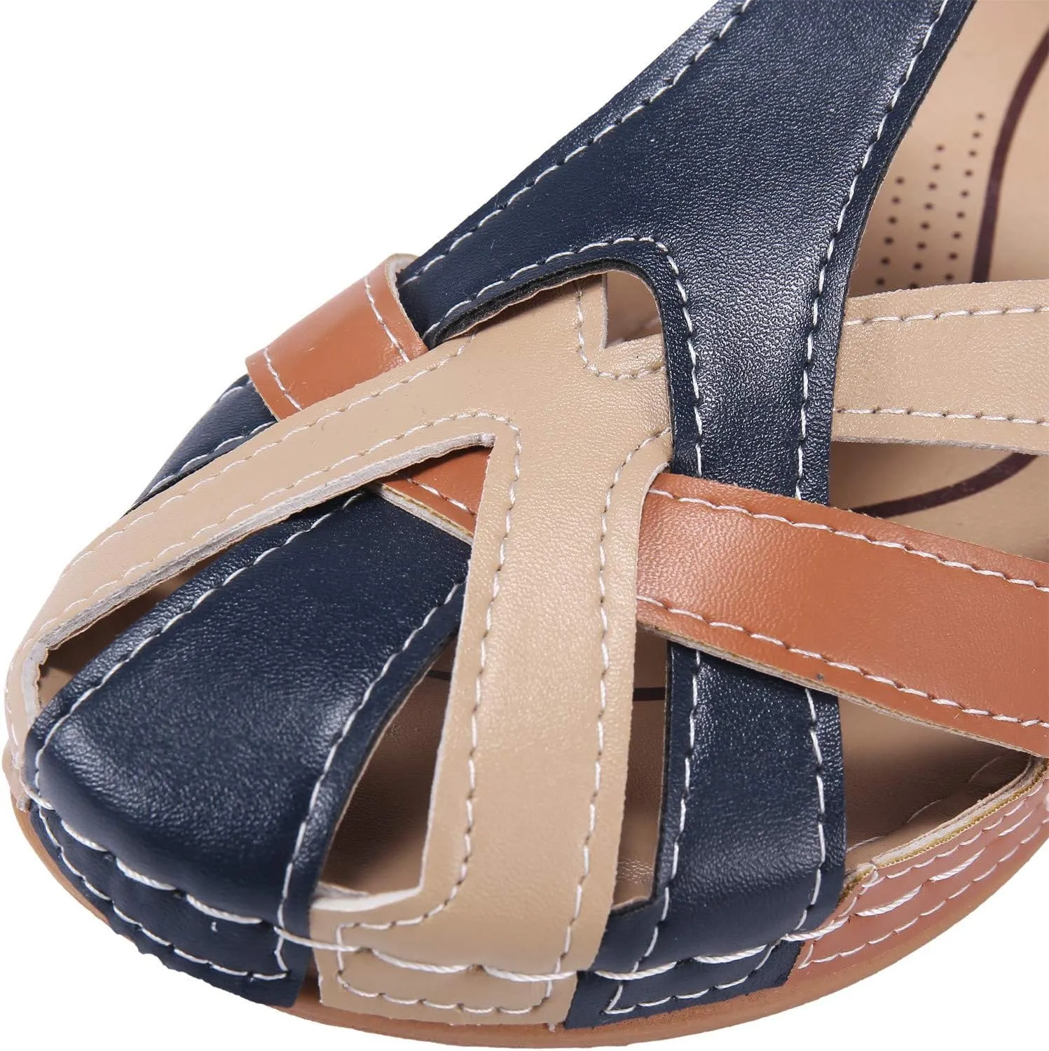 Womens Wedge Sandals with Arch Support Comfortable Close Toe Summer Gladiator Sandals Dressy Hollow Out Slip On Roman Shoes