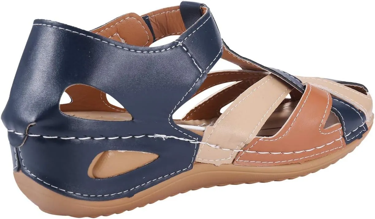 Womens Wedge Sandals with Arch Support Comfortable Close Toe Summer Gladiator Sandals Dressy Hollow Out Slip On Roman Shoes
