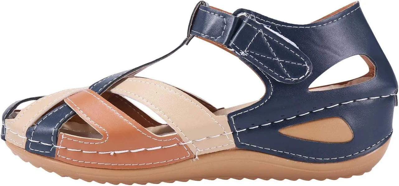 Womens Wedge Sandals with Arch Support Comfortable Close Toe Summer Gladiator Sandals Dressy Hollow Out Slip On Roman Shoes