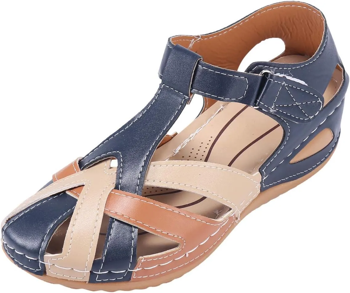 Womens Wedge Sandals with Arch Support Comfortable Close Toe Summer Gladiator Sandals Dressy Hollow Out Slip On Roman Shoes