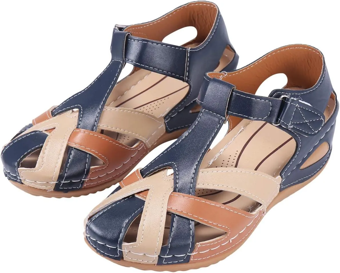 Womens Wedge Sandals with Arch Support Comfortable Close Toe Summer Gladiator Sandals Dressy Hollow Out Slip On Roman Shoes