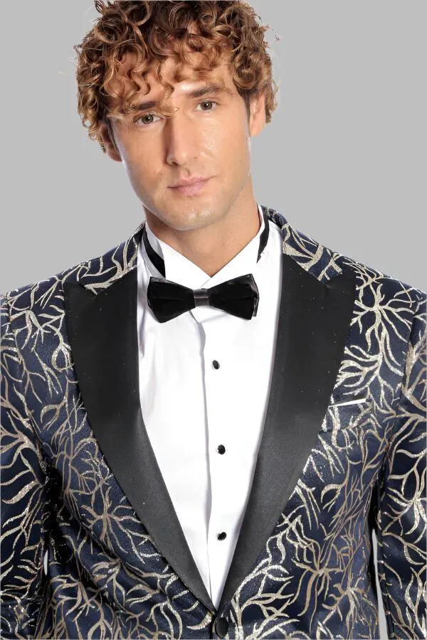 WSS Sparkling Ivy Patterned Slim Fit Navy Blue Men Prom Blazer  - Singen