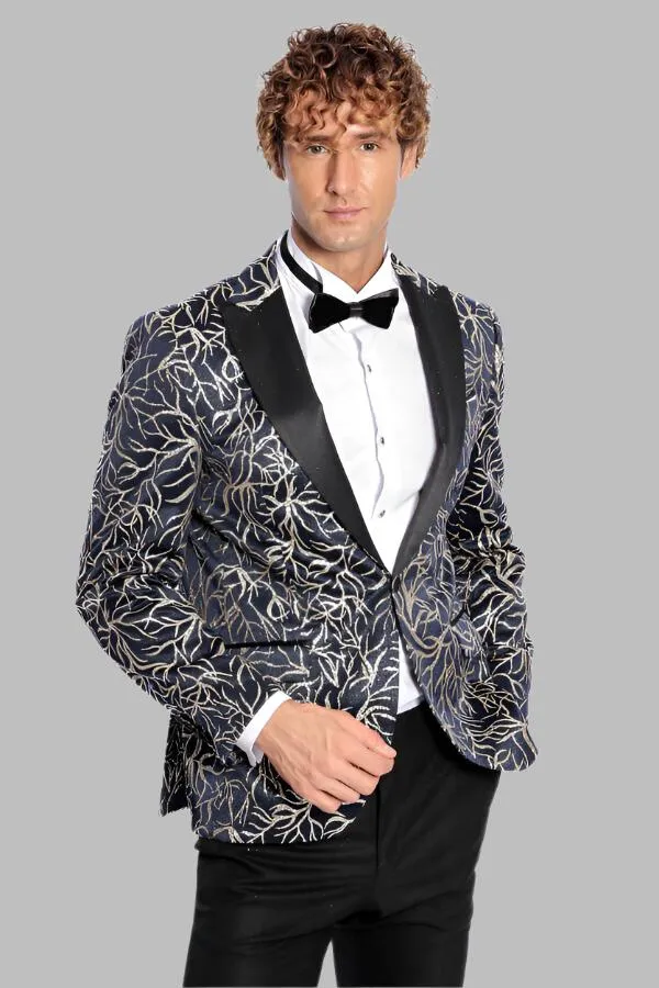 WSS Sparkling Ivy Patterned Slim Fit Navy Blue Men Prom Blazer  - Singen