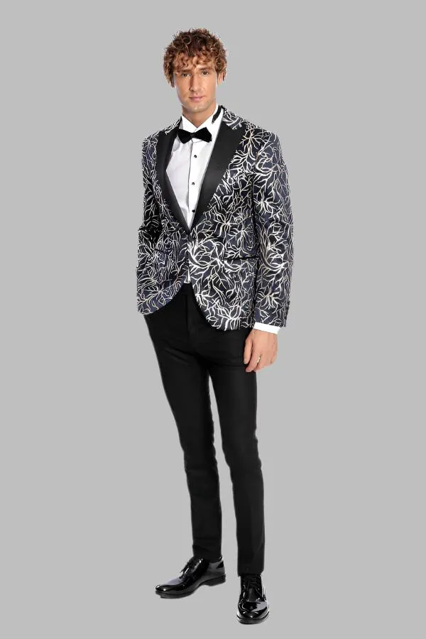 WSS Sparkling Ivy Patterned Slim Fit Navy Blue Men Prom Blazer  - Singen