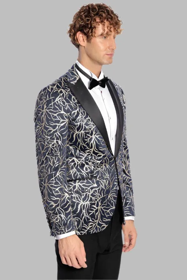 WSS Sparkling Ivy Patterned Slim Fit Navy Blue Men Prom Blazer  - Singen